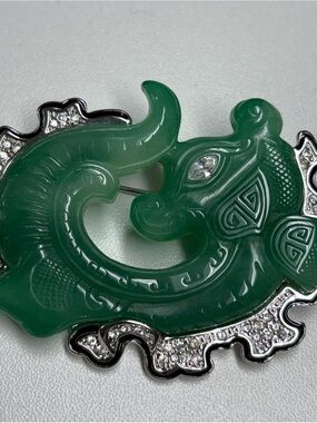 Signed Vintage KJL Kenneth Jay Lane Faux Jade Rhinestone Dragon Brooch Pin